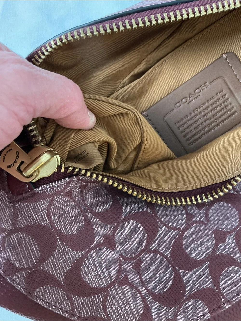 Coach Signature Jacquard Leather Belt Bag Fanny Pack Burgundy Maroon CG994